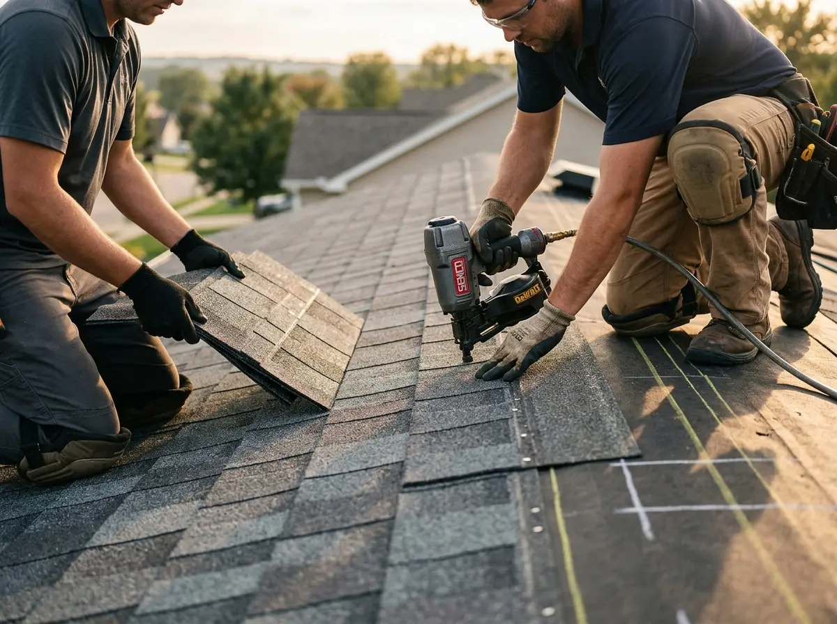 Professional roofer working on a residential roof in Gonzales